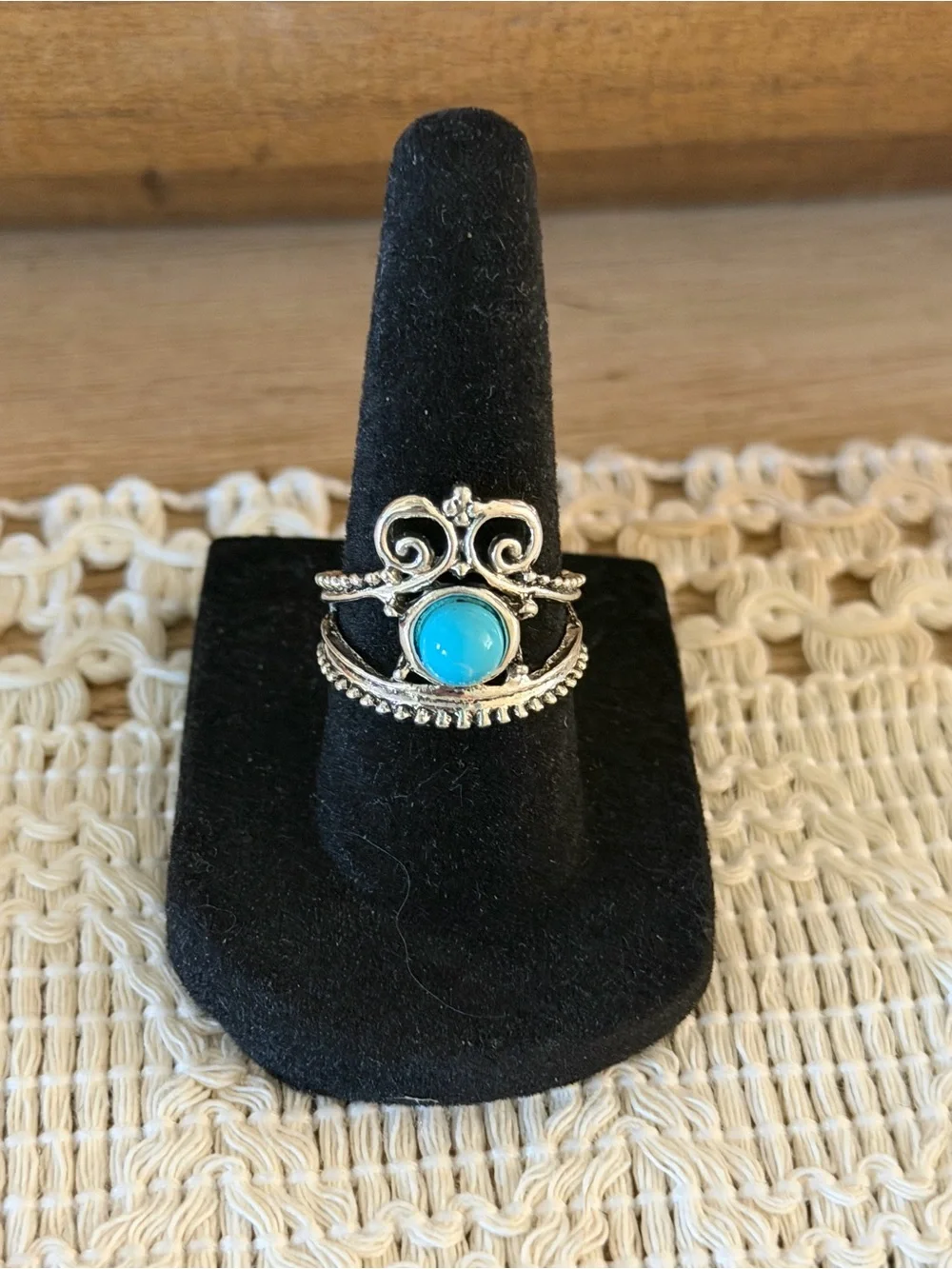 Silver Boho Turquoise Stackable Ring size 6.5- Blue Gem Accent